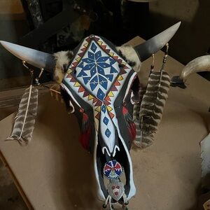 Decorative Painted Bull Skull with Feathers